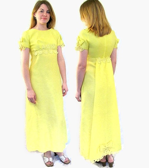 زفاف - Vintage 1960's Yellow Prom Party Dress with Detachable Train, Modern Size 6 to 8, Small