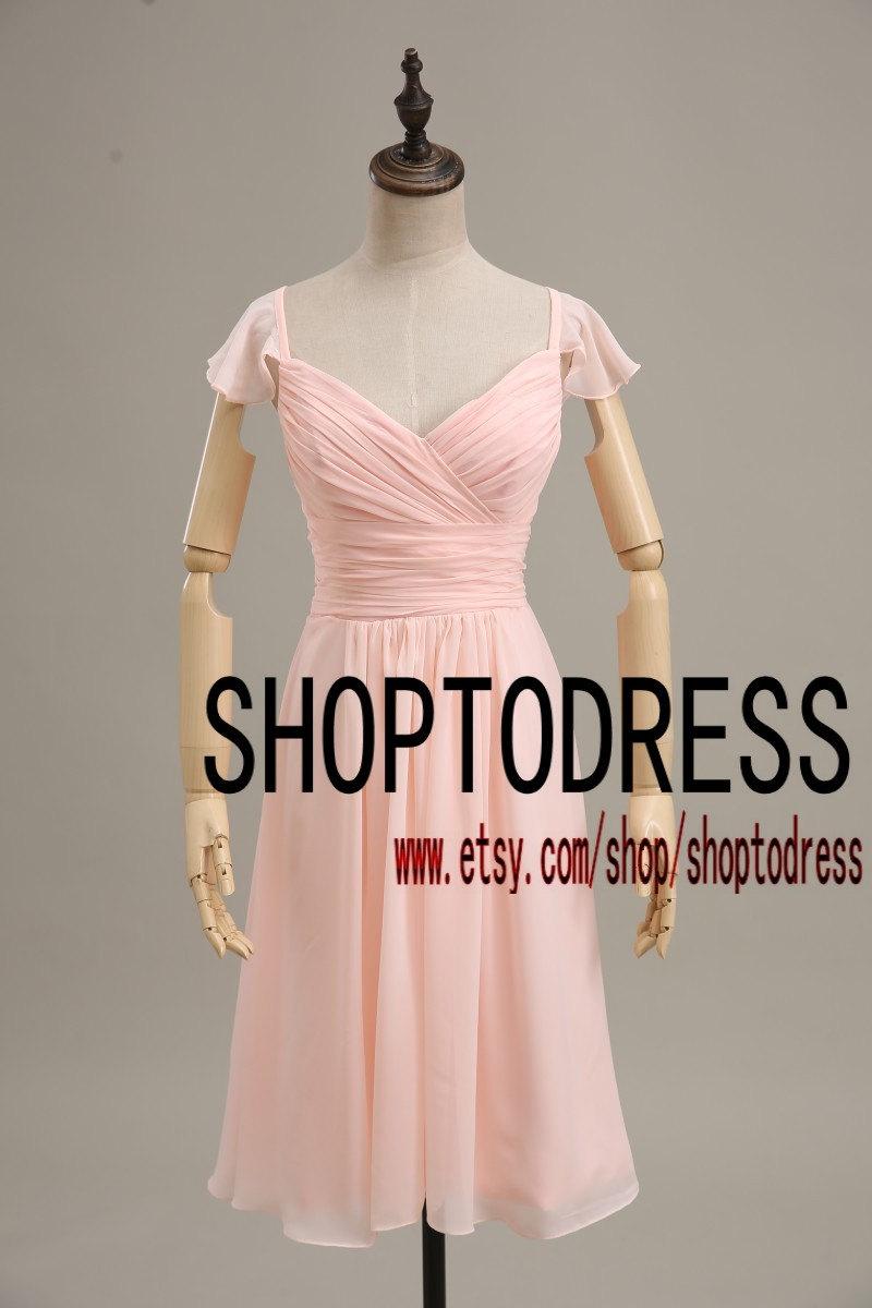 Wedding - Blush bridesmaid dress, Cap sleeve bridesmaid dress chiffon, short bridesmaid dress, V nech bridesmaid dress custom size