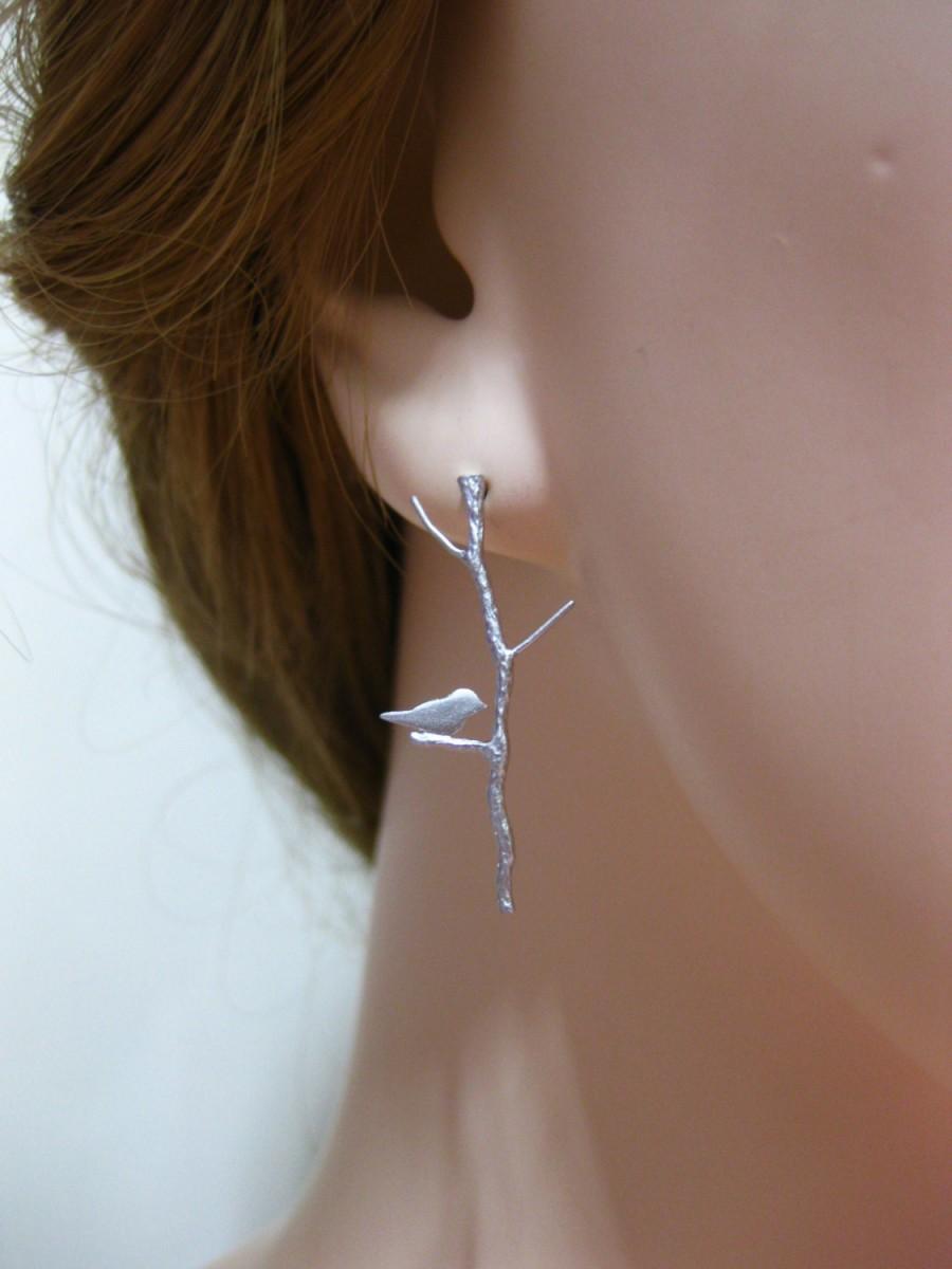 Hochzeit - Bird on Twig Earrings Twig Earrings Stick Earrings Bird Branch Earrings Long Bird Earrings Sterling Silver Posts Silver Earrings (ER004)