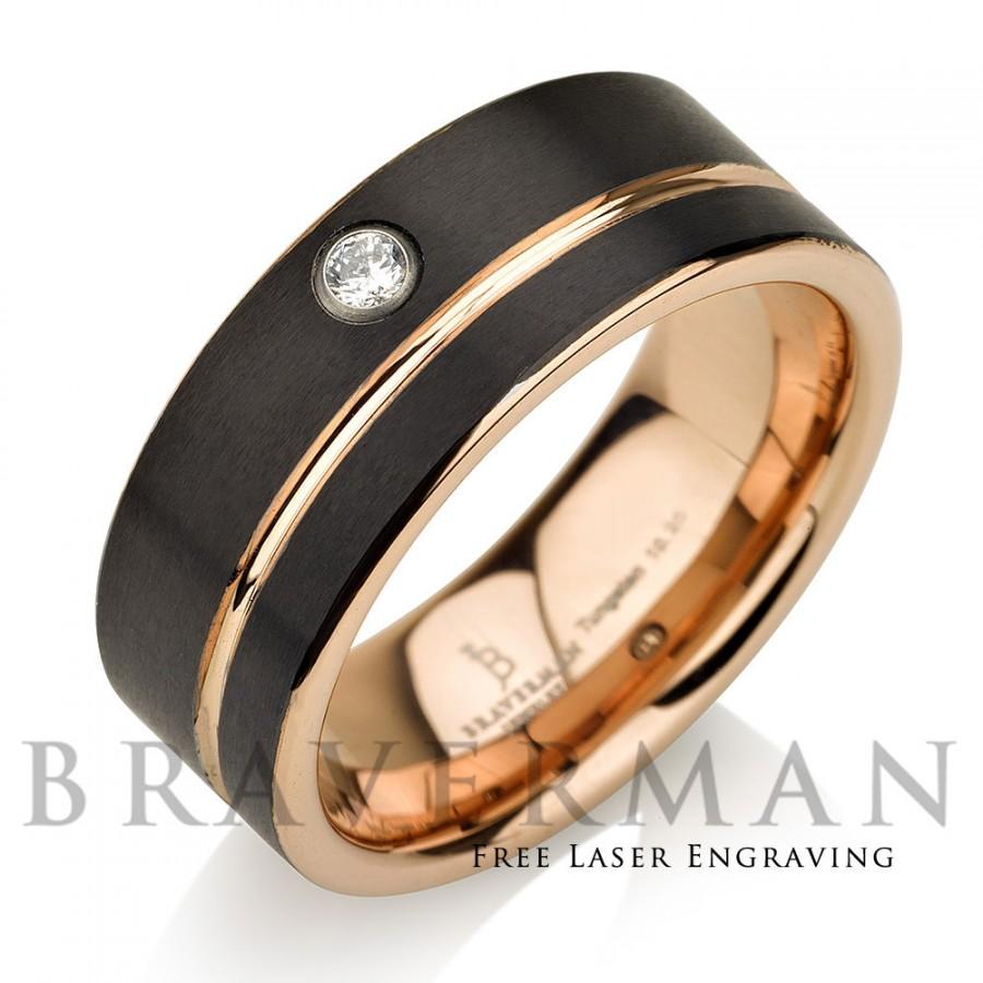 Mariage - Black Tungsten Wedding Band,14k Rose Gold, White Diamond Mens Wedding Band, Rose Gold Stripe, Comfort Fit, 9mm, Black Wedding Bands