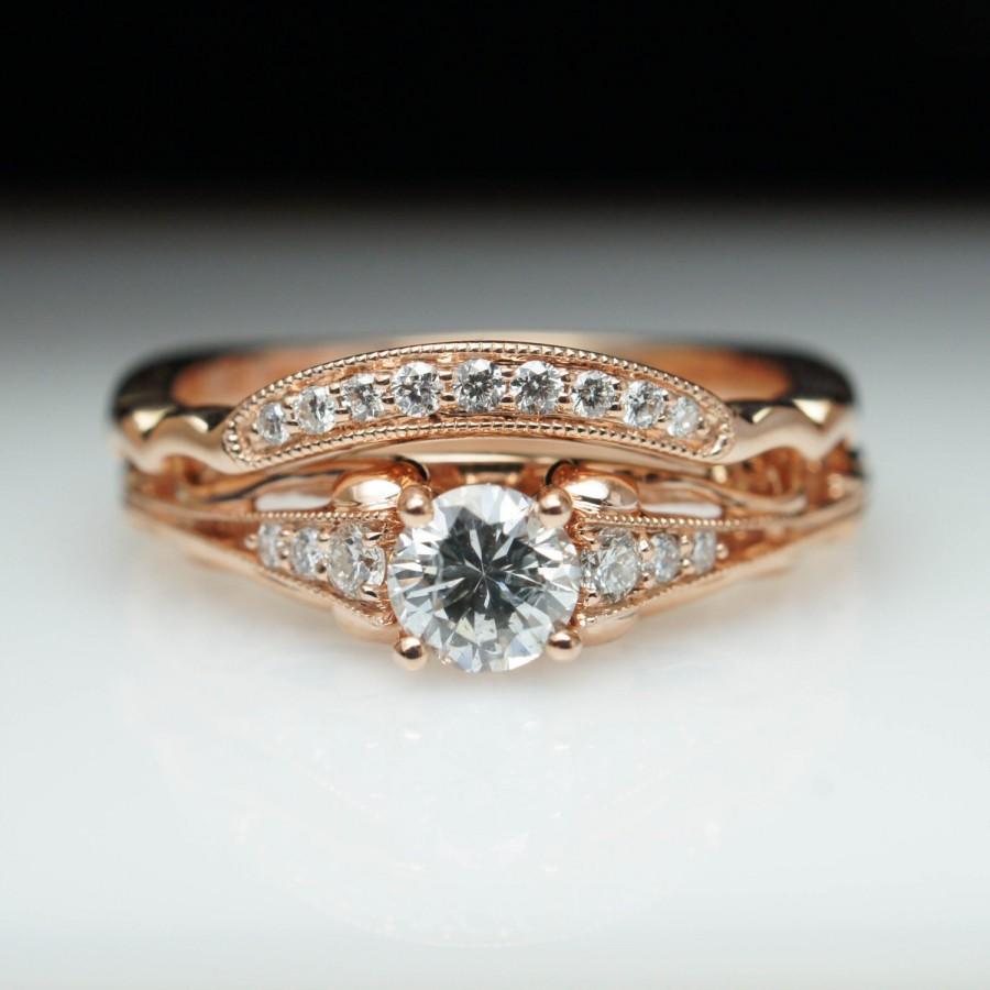 Mariage - Vintage Antique Style Diamond Engagement Ring & Matching Wedding Band 14k Rose Gold Engagement Ring Intricate Ornate Vintage Style Bridal