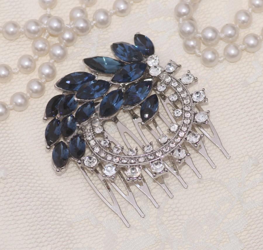 زفاف - Navy Sapphire Bridal Hair Comb,1920s Art Deco Rhinestone Vintage Silver Pave Crystal Brooch,Bridal Headpiece,Great Gatsby Wedding Accessory