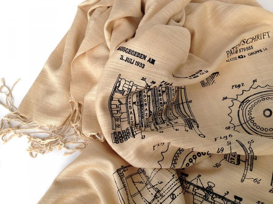 Wedding - Enigma Machine scarf. Encryption device linen look pashmina. From 1933 patent illustrations. Black print on sand & more. For men or women.