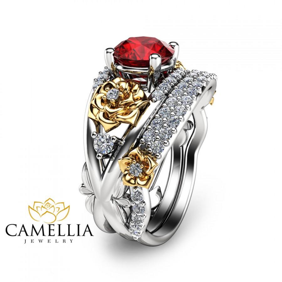Свадьба - Flower Design Ruby Engagement Ring Set 14K Two Tone Gold Rings Unique Ruby Wedding Ring Set Art Deco Styled Engagement Ring Set