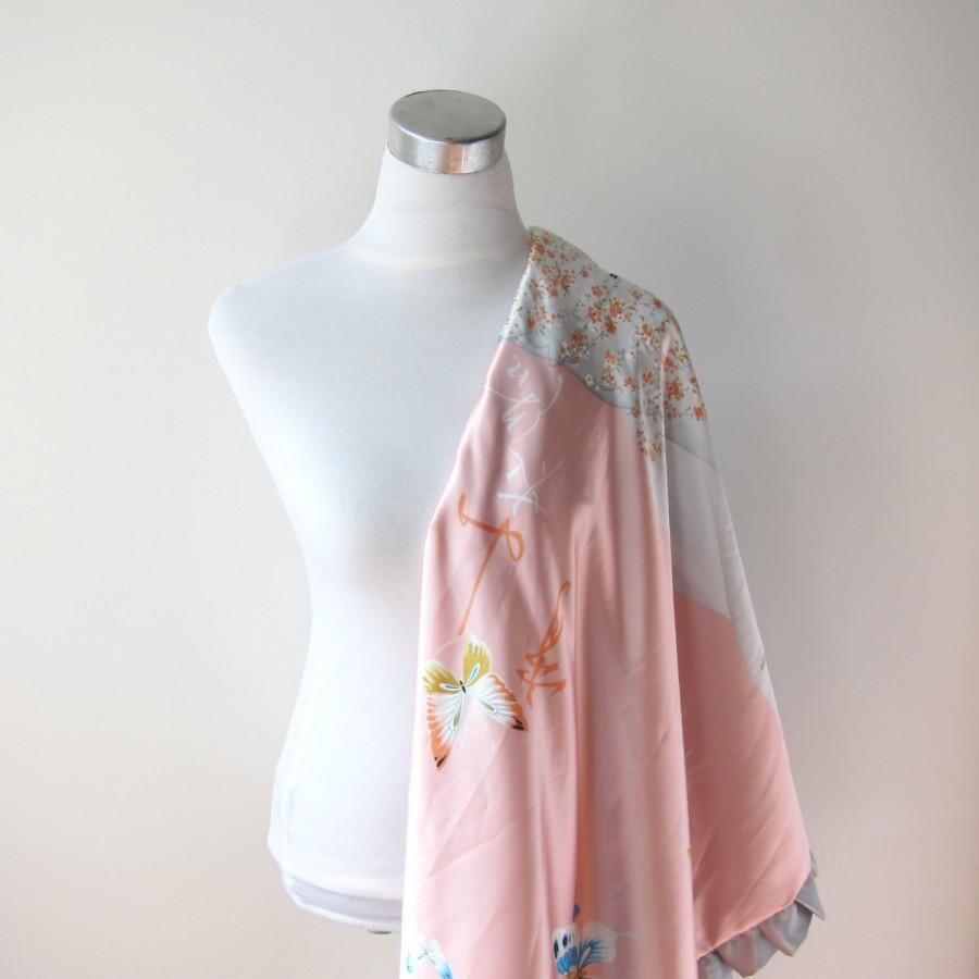 زفاف - Silk Bridal Scarf gray pink scarf, silk scarf  Geisha. Sacura Rich, Bohemian, Satin Scarf , Ruffle Scarf , Japanese Haiku Blossoms butterfly