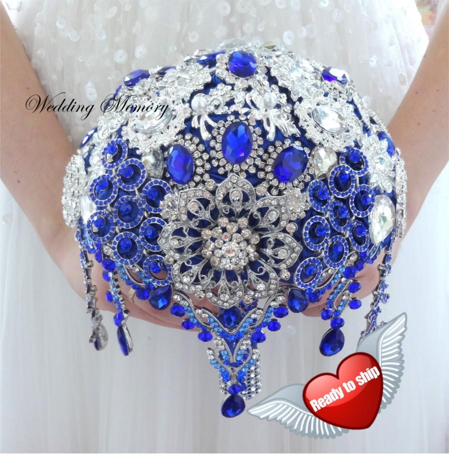 Hochzeit - BROOCH BOUQUET  Full Price 7" Ready Royal blue and silver cascading brooch bouquet Wedding bridal alternative broach bouqetjeweled bling