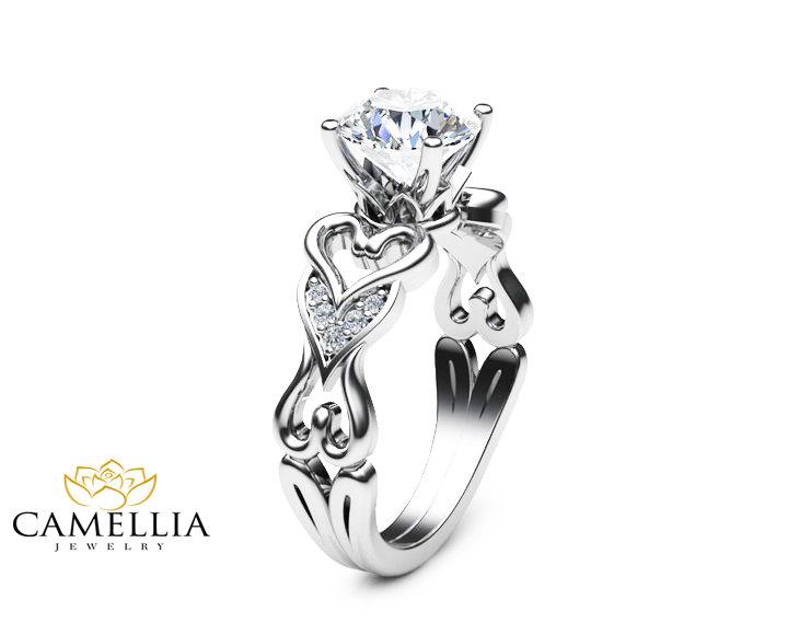 Wedding - Heart Shaped Diamond Engagement Ring 14K White Gold Diamond Ring Unique Heart Shaped Engagement Ring Art Deco Styled Wedding Ring