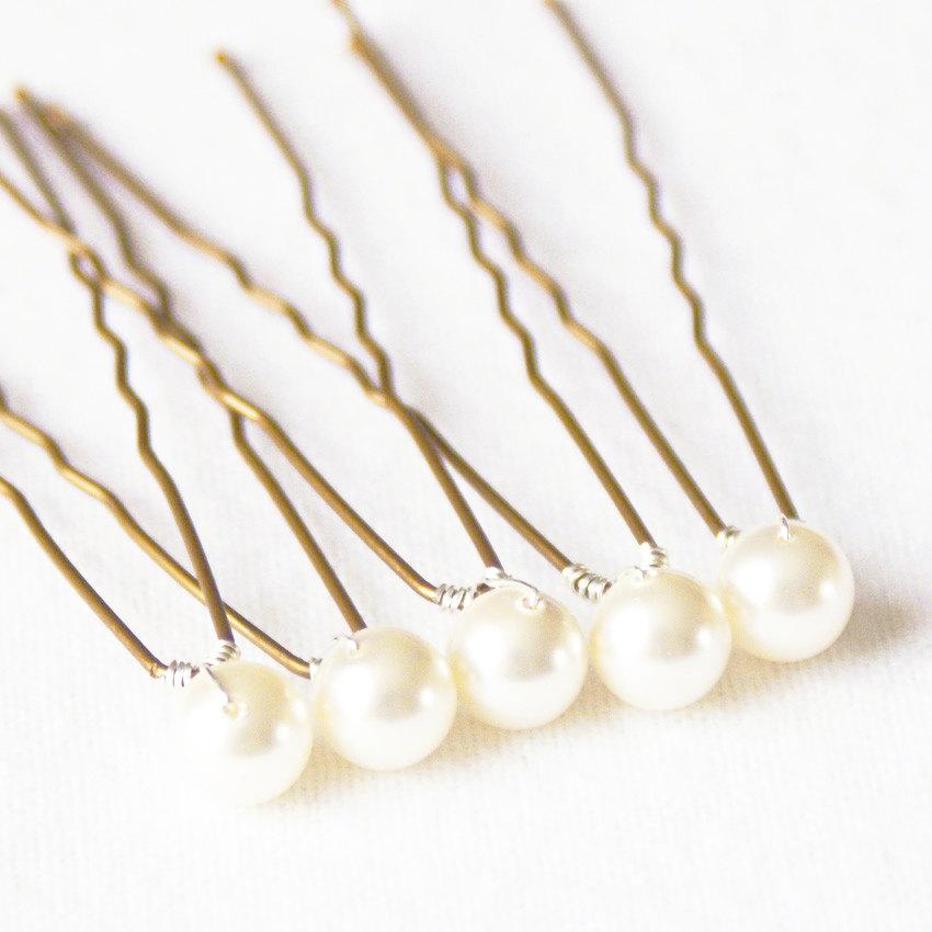 Hochzeit - White Pearl Hair Pins. Set of 5, 8mm White Swarovski Crystal Pearls. Bridal Hair Pins. Wedding Hair Accessories.