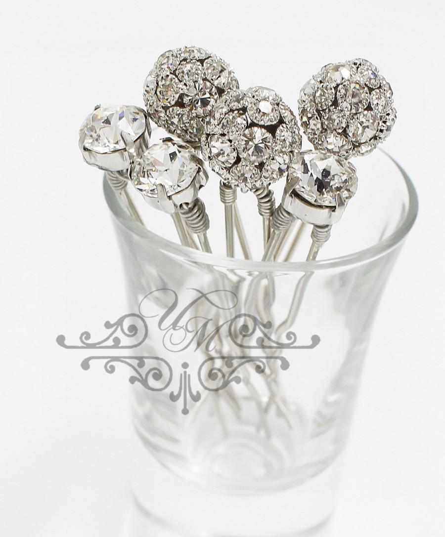 Hochzeit - Set of 6 Swarovski Crystal hair pins Czech Crystal ball hair pins Wedding Hair pins Bridal Bridesmaids hair pins Wedding Headpiece