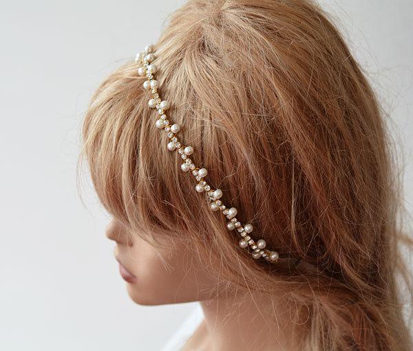 Mariage - Wedding Headband, Gold Bridal Hair Accessory, Gold and Pearl Bridal Hair Crown, Pearls and Crystal Headbands, Wedding Hair Accessory