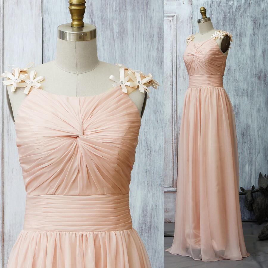 زفاف - 2015 Light Pink Bridesmaid dress, Hand Flowers Chiffon Rosette dress, Long Wedding dress, Prom dress, Pleated dress floor length (F050)