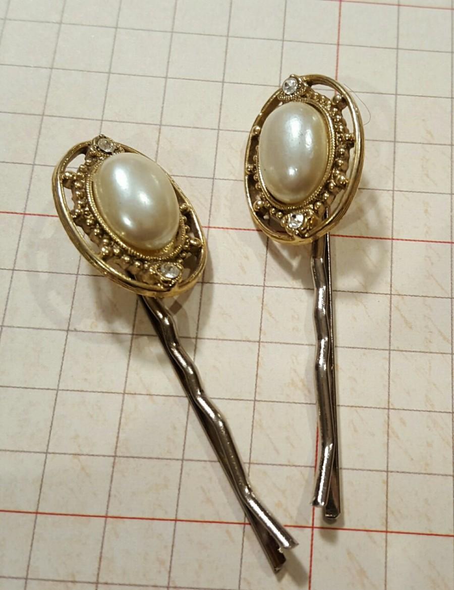 Hochzeit - Faux Pearl and Rhinestone Hairpins, Gold Tone Filigree, Repurposed Vintage Earrings
