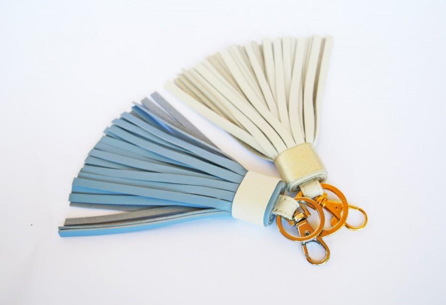 Hochzeit - Leather tassel Keychain Bag charm Gift for her Something Blue