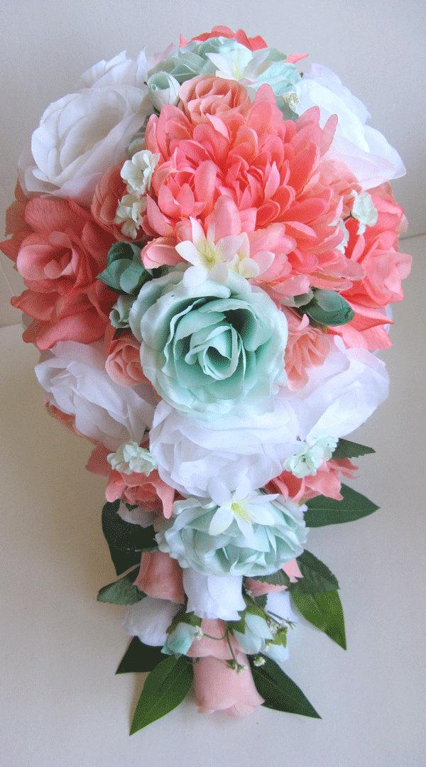 Свадьба - Wedding Bouquet Bridal flower Silk 17 piece Package Cascade CORAL PEACH MINT white Maid of Honor Bridesmaid boutonniere RosesandDreams
