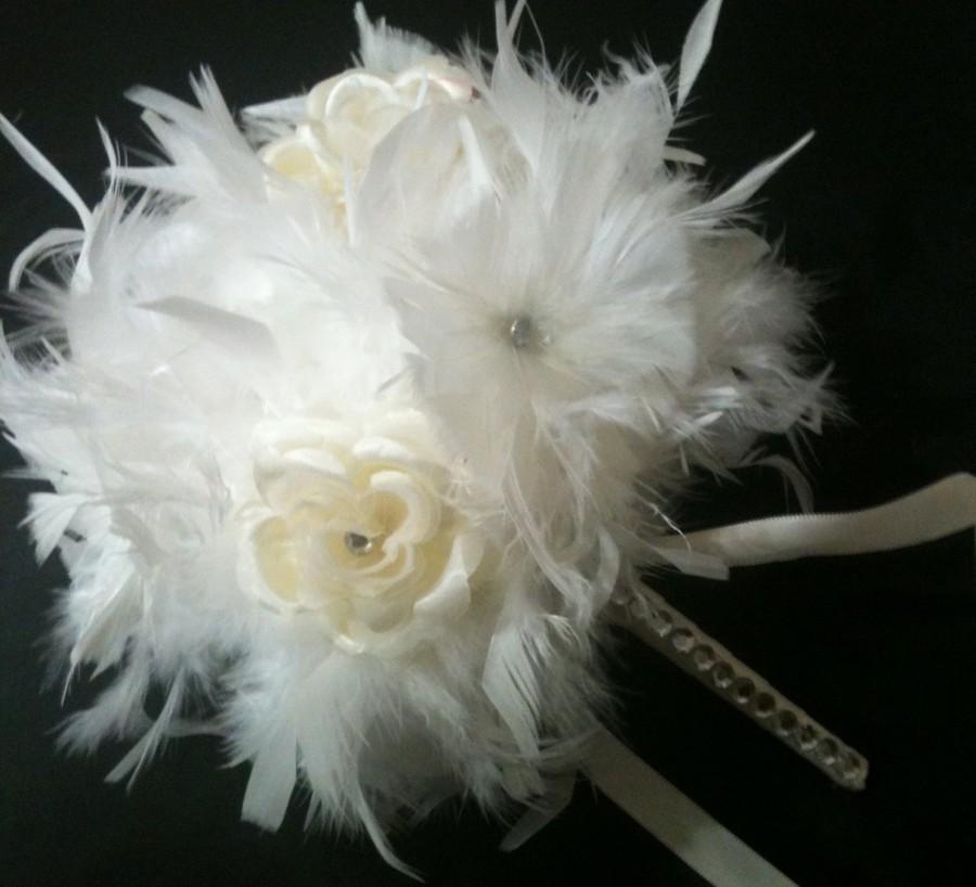 Wedding - IVORY BLING Crystal Feather & Flower Bridesmaid Bouquet - White Feathers Bride Maid or Toss Wedding Bouquets Rose Custom Colors