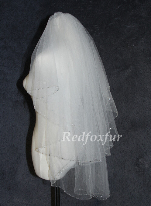 زفاف - 2 layer bridal veil, simple sewing beads light ivory veil, Wedding headdress Hand-beaded veil Two Layer  simple veil