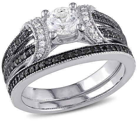 زفاف - Diamond 5/8 CT. T.W. White Sapphire and 2/5 CT. T.W. Black and White Diamond Bridal Set in Sterling Silver