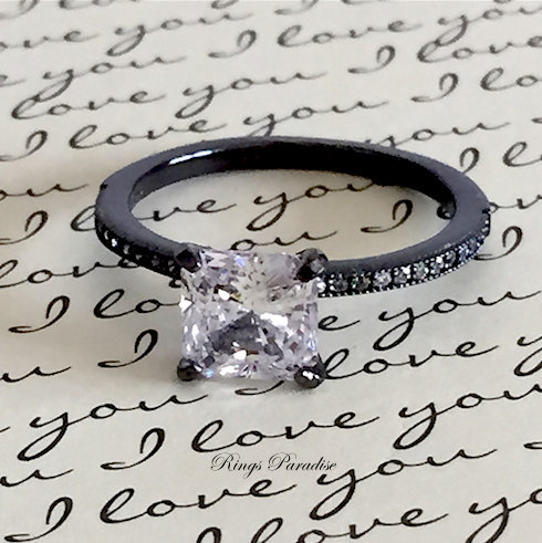 زفاف - Black Rodium Plated Sterling Silver Wedding Band, Engagement Ring, Promise Ring, Bridal, Anniversary Ring, Rodium Plated, CZ Flower Ring