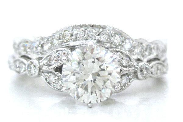 زفاف - Round cut antique style diamond engagment ring and band 14k white gold 1.51ctw