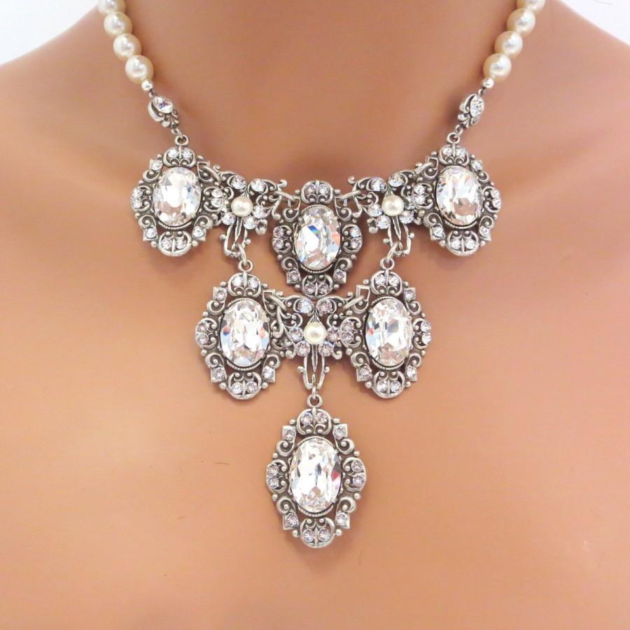 Wedding - Bridal statement necklace, Bridal bib style necklace, Wedding jewelry, Wedding pearl necklace, Vintage inspired necklace, Bridal jewelry