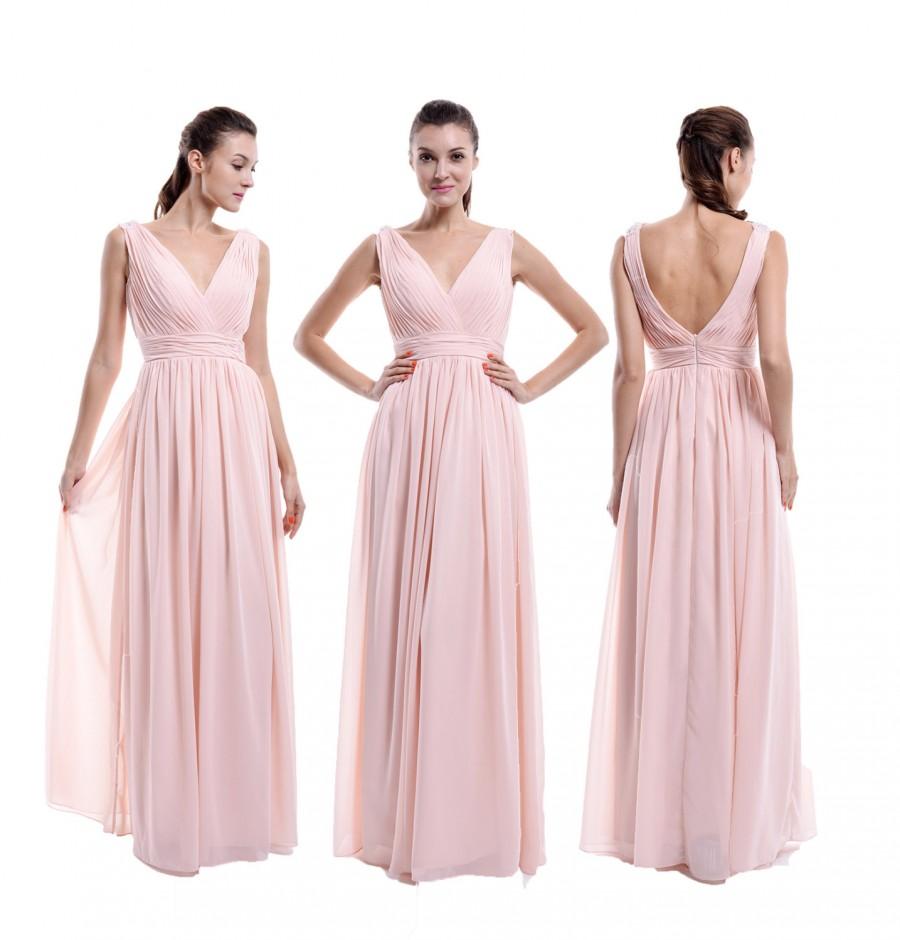 زفاف - Pearl Pink V neck V back  Bridesmaid Dress, A-line Chiffon Bridesmaid Dress With Straps