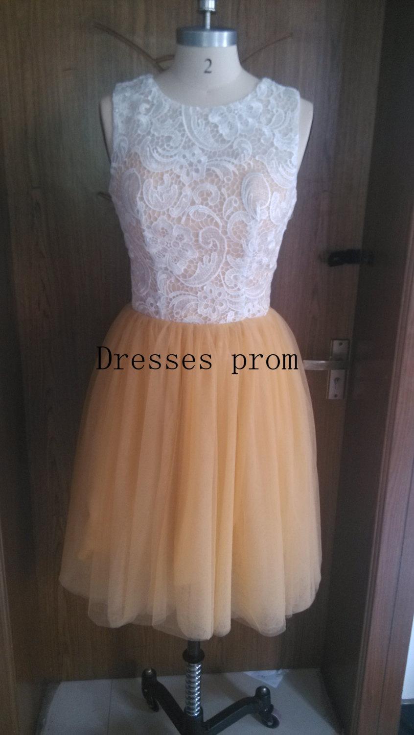 Свадьба - Lace Tulle Bridesmaid Dress Tulle Dress Knee Short Dress The Custom Party Dress/gold Bridesmaid Dress/Prom Dress/Formal Dress 2014