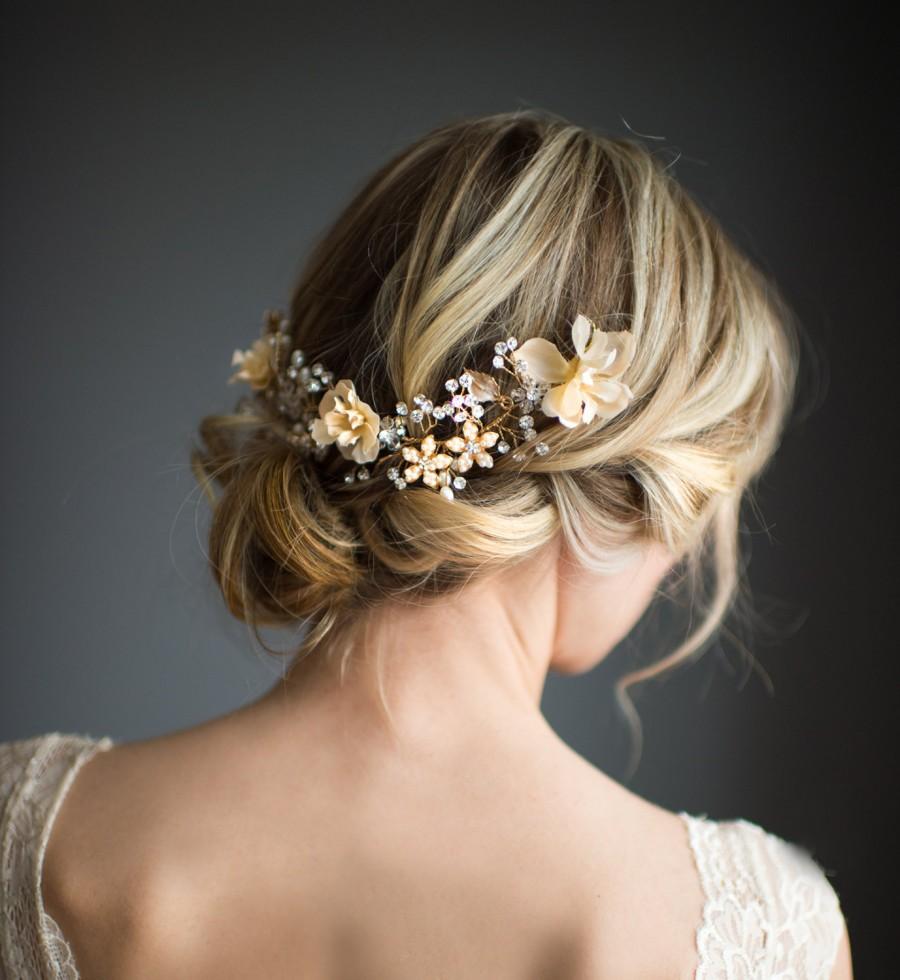 Hochzeit - Boho Gold Halo Hair Wrap, Gold Hair Wreath, Silver forehead band, Gold Wedding Flower Hair Vine, Boho Wedding Headpiece - 'VALENTINA'