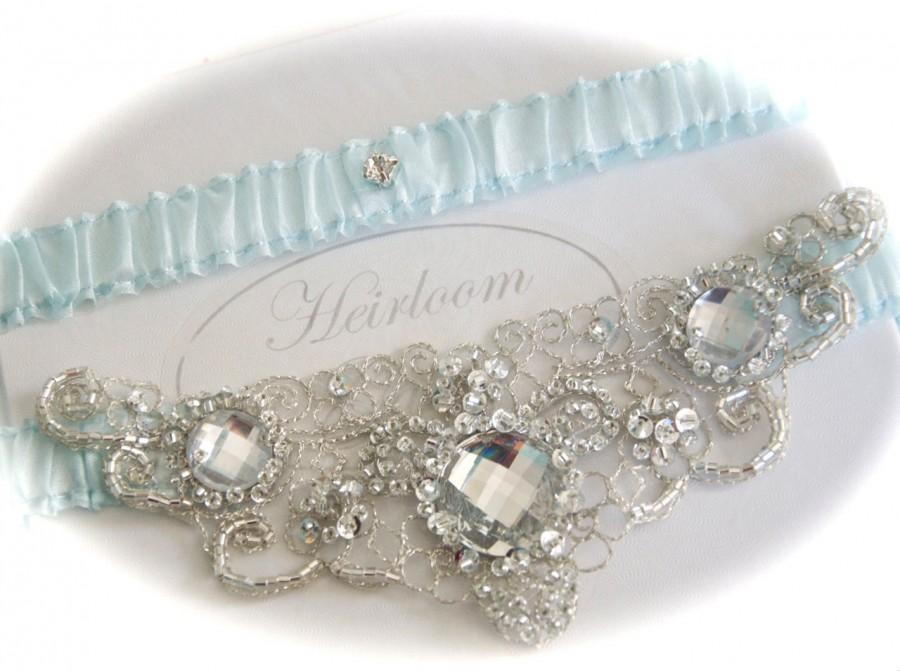 Hochzeit - Weddings Garter Set with Jeweled Centering Trim of Embroidery with Crystals and Beads