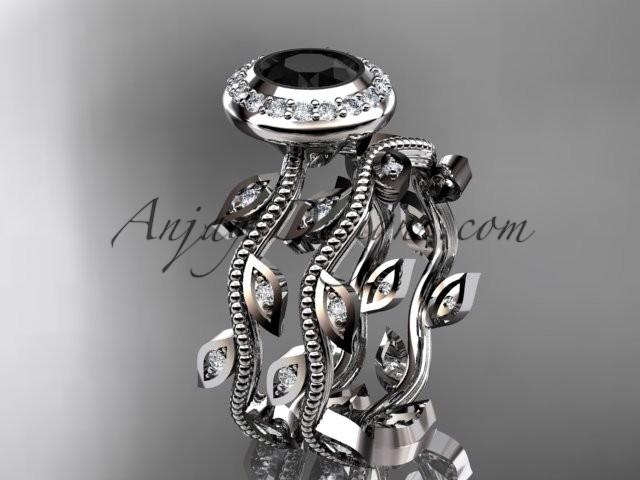Wedding - platinum diamond leaf and vine wedding ring, engagement ring, engagement set with a Black Diamond center stone ADLR212S