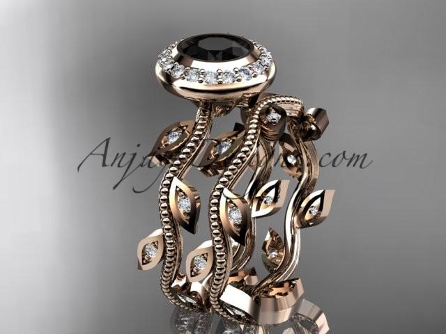Wedding - 14k rose gold diamond leaf and vine wedding ring, engagement ring, engagement set with a Black Diamond center stone ADLR212S
