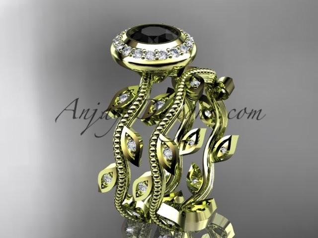 Wedding - 14k yellow gold diamond leaf and vine wedding ring, engagement ring, engagement set with a Black Diamond center stone ADLR212S