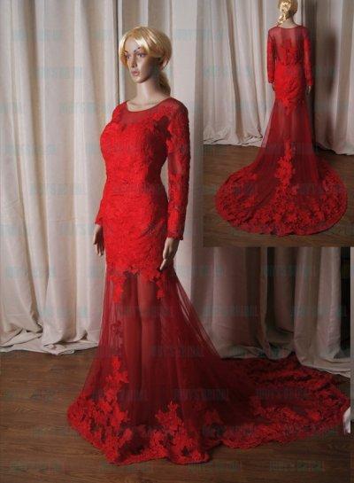 Wedding - LJ220 Sexy red burgundy colored see through lace mermaid wedding dress