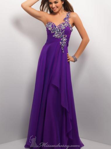 زفاف - A-line One Shoulder Natural Court Sleeveless Beading Ruffle Backless Chiffon Purple Prom / Homecoming / Evening Dresses By Blush 9628