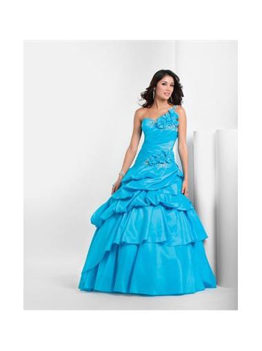 Свадьба - Ball Gown One Shoulder Natural Floor Length Sleeveless Beading Pick-ups Taffeta Blue Quinceanera / Prom / Homecoming / Evening Dresses By Bony 5114