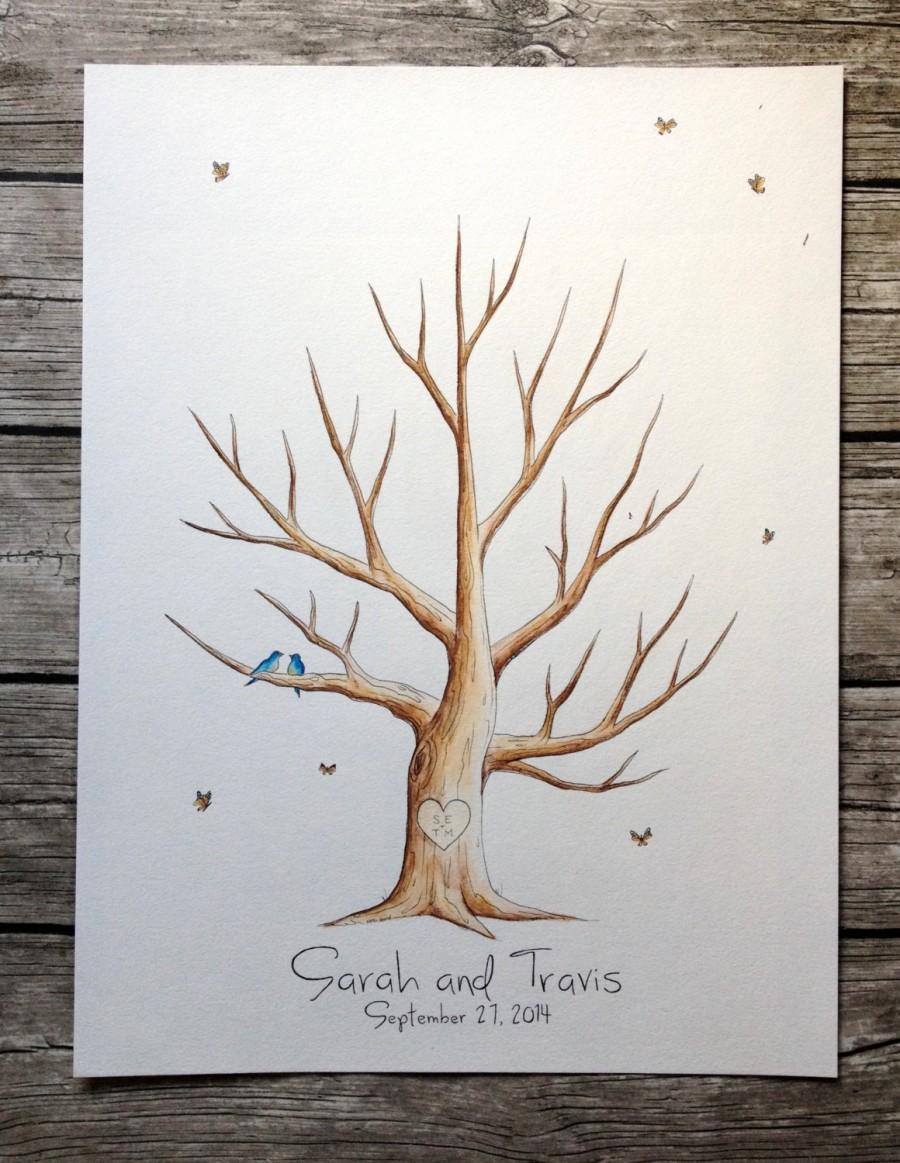 Mariage - Wedding Guest Book Tree Thumb print. Water Color Illustration Custumize 16x20"