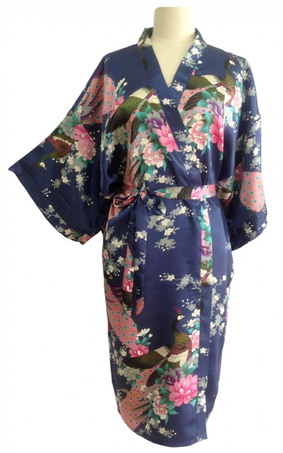 زفاف - Kimono Robes Bridesmaids Silk Satin Navy Blue Colour Paint Peacock Design Pattern Gift Wedding dress for Party Free Size
