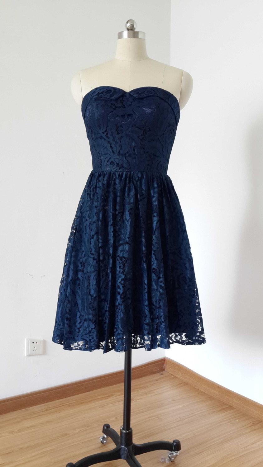 Hochzeit - 2015 A-line Sweetheart Navy Blue Lace Short Bridesmaid Dress
