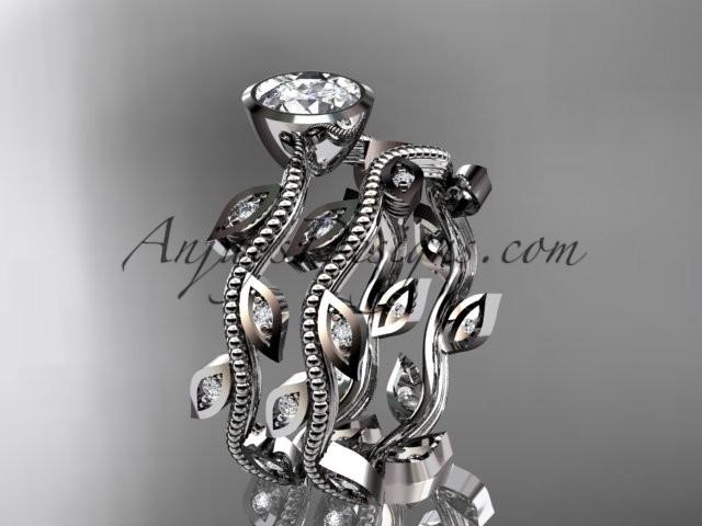 زفاف - Platinum diamond leaf and vine wedding ring, engagement ring, engagement set with a "Forever One" Moissanite center stone ADLR213S