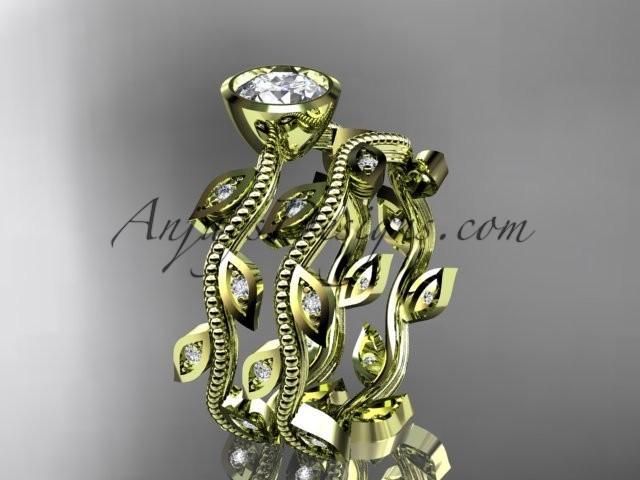 زفاف - 14k yellow gold diamond leaf and vine wedding ring, engagement ring, engagement set with a "Forever One" Moissanite center stone ADLR213S
