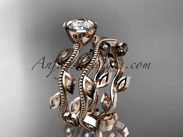 زفاف - 14k rose gold diamond leaf and vine wedding ring, engagement ring, engagement set with a "Forever One" Moissanite center stone ADLR213S