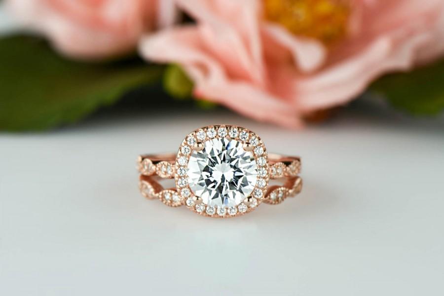 Mariage - Rose 2.25 ctw Halo Bridal Set, Art Deco Wedding Rings, Man Made Diamond Simulants, Vintage Style Ring, Halo Engagement Ring, Sterling Silver