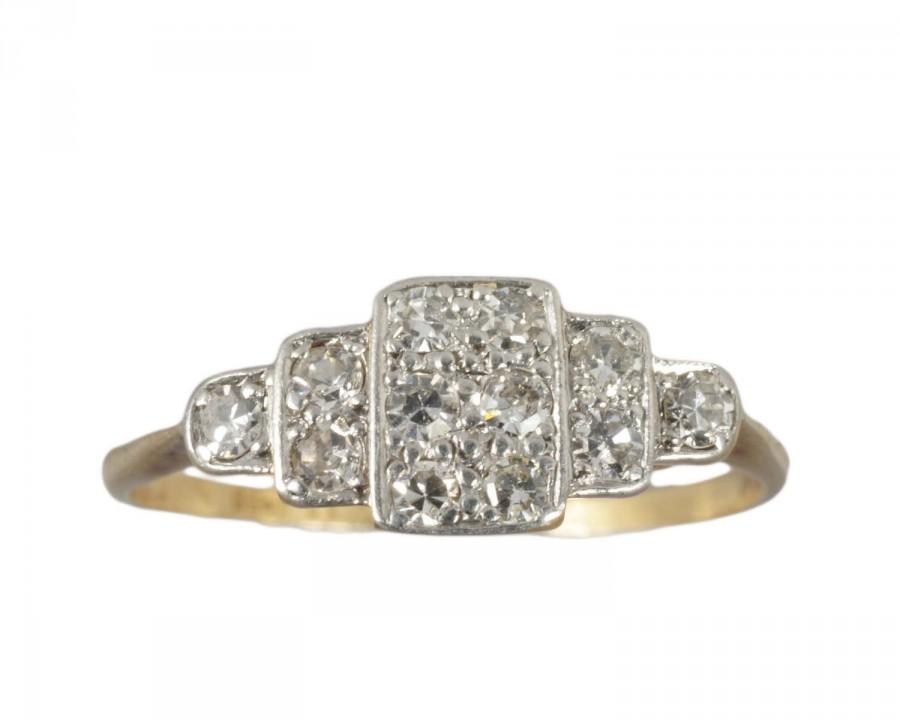 Wedding - Vintage English Art Deco Diamond Stepped Geometric Cluster Engagement Ring in 18ct Gold