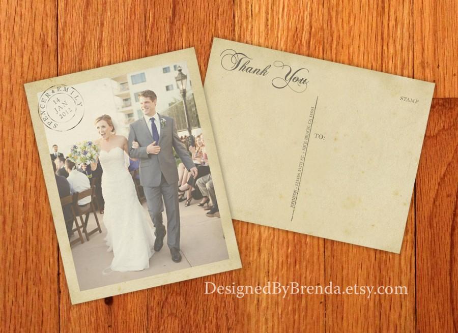 زفاف - Vintage Wedding Thank You Postcards with Postmark and Photo - Rustic Card - Recycled Matte Cardstock - Free Shipping