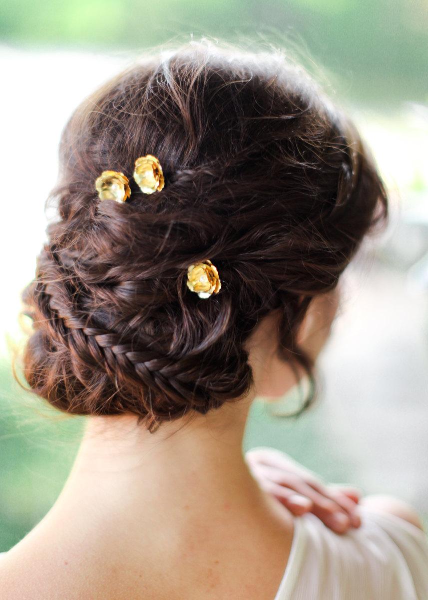 Wedding - Casey Gold flower Bobby Pins with pearls