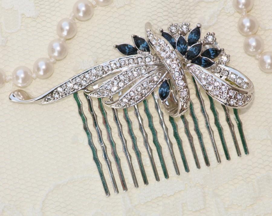 Hochzeit - Navy Blue Pave Rhinestone Hair Comb,Sapphire Blue Rhinestone,Clear Crystal,Silver Large Ribbon Hair Comb,Bridal Hair Comb,Weddings,Art Deco