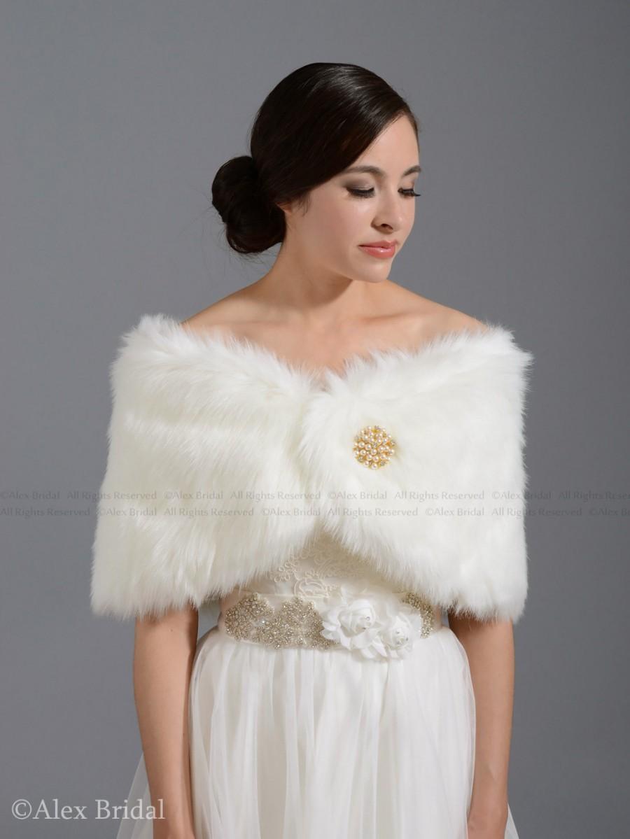 زفاف - Ivory faux fur bridal wrap shrug stole shawl cape FW005-Ivory regular / plus size
