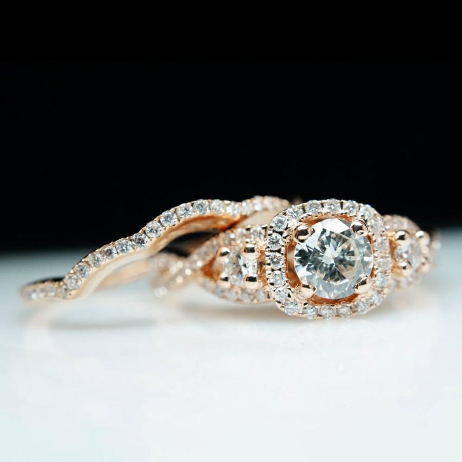 زفاف - Rose Gold Diamond Engagement Ring 3 Stone Halo Micropave Engagement Ring Infiniti Twist 14k Natural Diamond Custom Ring w/ Wedding Band Set