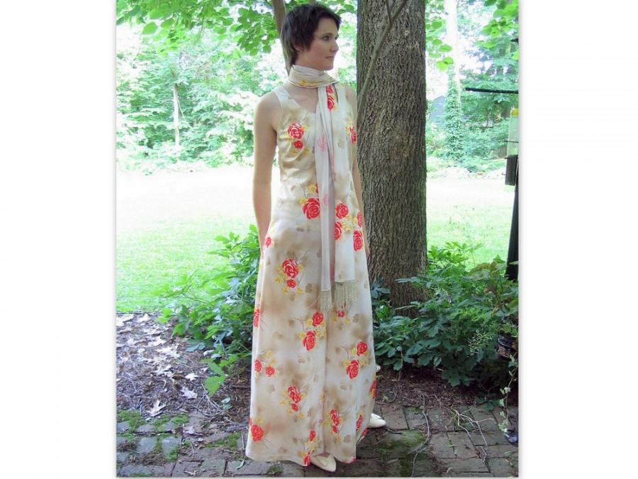Wedding - Vintage 1960s / 1970s Prom Party Dress, Mod Maxi Formal with Scarf, Modern Size 6, Small