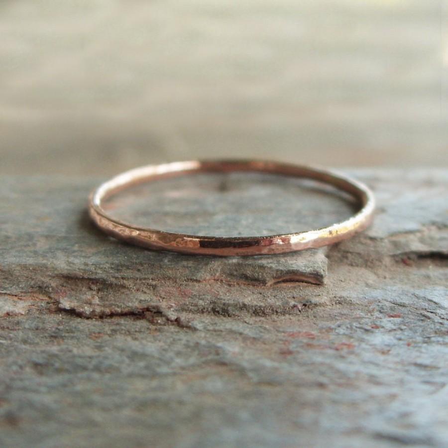 Hochzeit - Tiny Solid 14k Rose Gold Thread Micro Stacking Halo Ring in Choice of Finish - Hammered, Brushed / Matte / Satin, or Smooth - 1mm Gold Ring