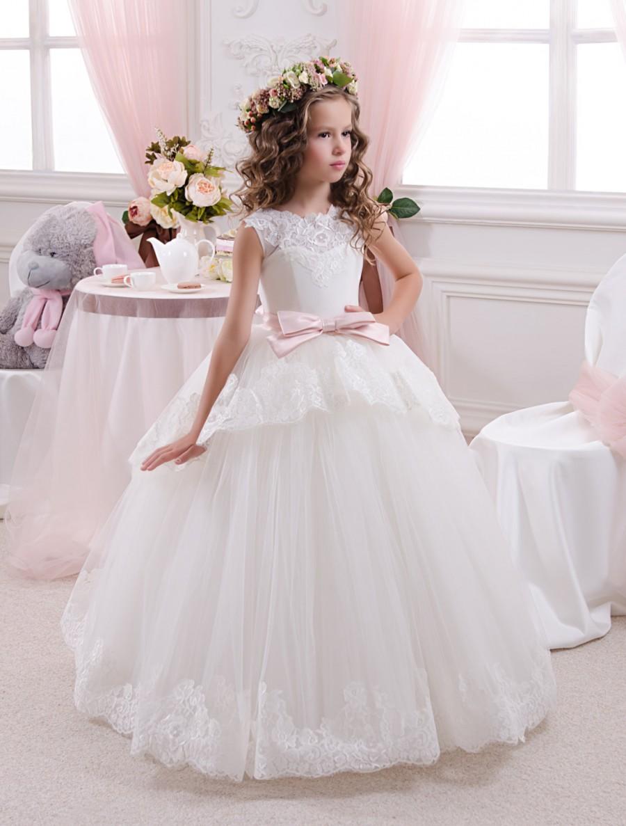 Wedding - Ivory Lace Flower Girl Dress - Birthday Holiday Wedding Party Bridesmaid Ivory Tulle Lace Flower Girl Dress
